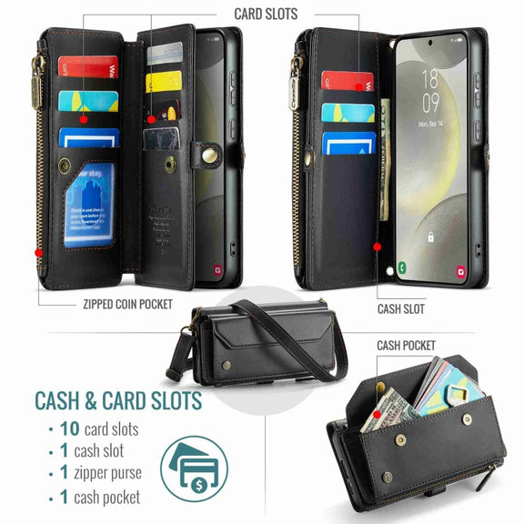 For Samsung Galaxy S24+ 5G CaseMe C36 Card Slots Zipper Wallet RFID Anti-theft Leather Phone Case(Black)