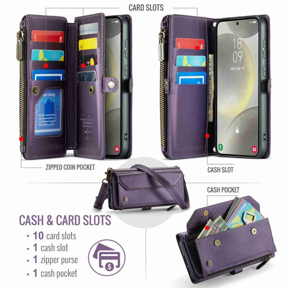 For Samsung Galaxy S24+ 5G CaseMe C36 Card Slots Zipper Wallet RFID Anti-theft Leather Phone Case(Purple)