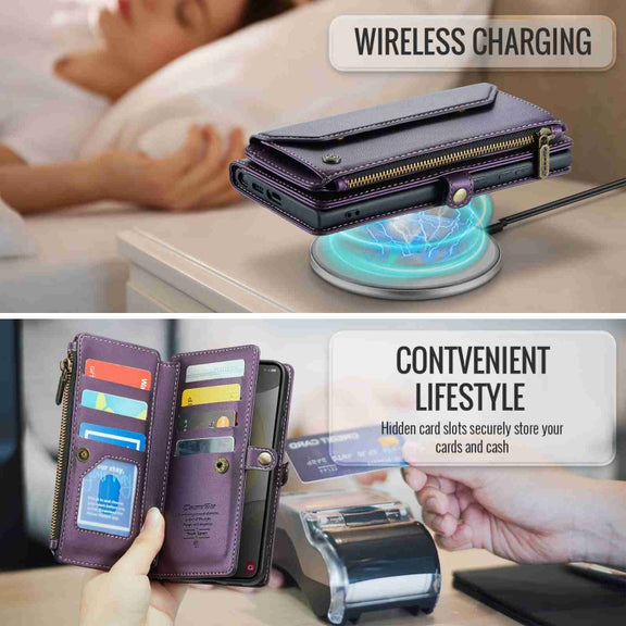 For Samsung Galaxy S24+ 5G CaseMe C36 Card Slots Zipper Wallet RFID Anti-theft Leather Phone Case(Purple)