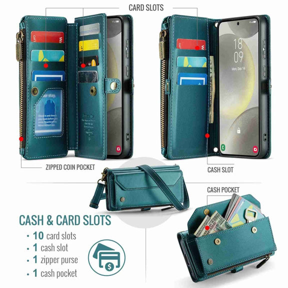 For Samsung Galaxy S24+ 5G CaseMe C36 Card Slots Zipper Wallet RFID Anti-theft Leather Phone Case(Blue-green)