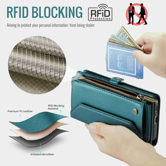 For Samsung Galaxy S24+ 5G CaseMe C36 Card Slots Zipper Wallet RFID Anti-theft Leather Phone Case(Blue-green)