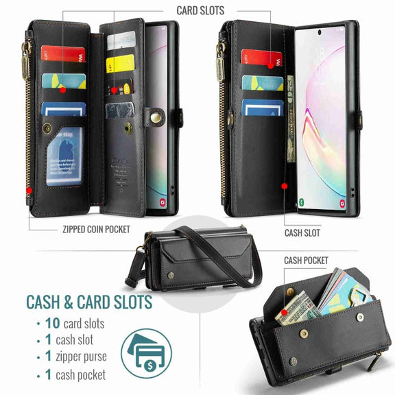 For Samsung Galaxy Note10+ CaseMe C36 Card Slots Zipper Wallet RFID Anti-theft Leather Phone Case(Black)