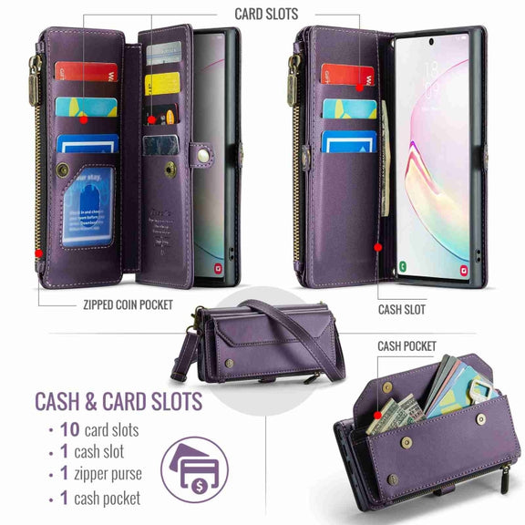 For Samsung Galaxy Note10+ CaseMe C36 Card Slots Zipper Wallet RFID Anti-theft Leather Phone Case(Purple)