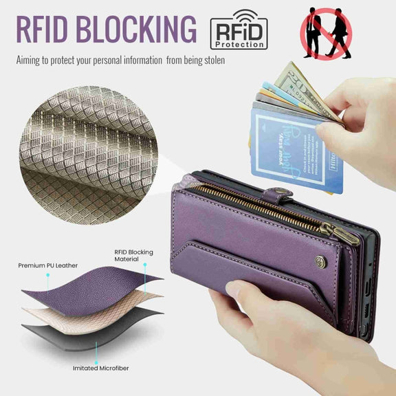 For Samsung Galaxy Note10+ CaseMe C36 Card Slots Zipper Wallet RFID Anti-theft Leather Phone Case(Purple)