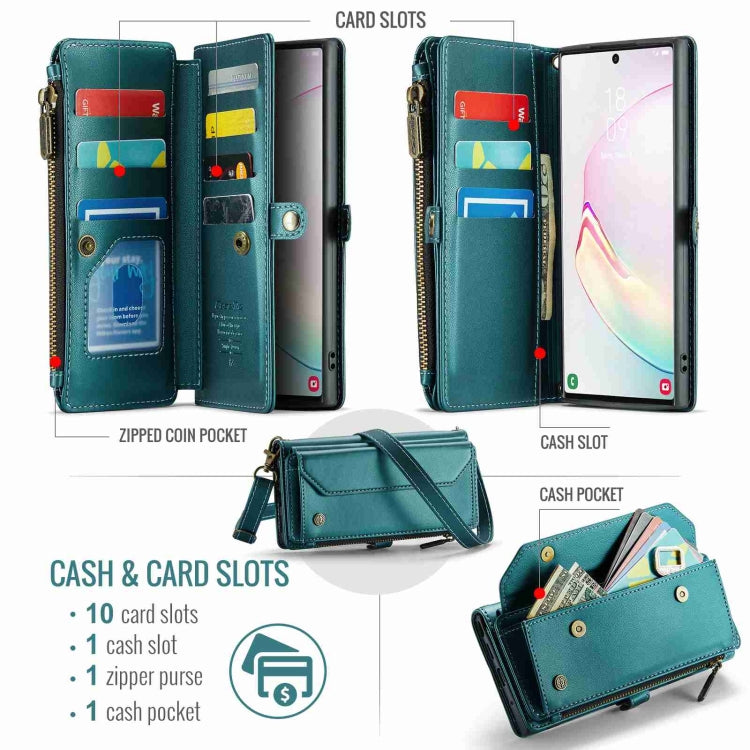 For Samsung Galaxy Note10+ CaseMe C36 Card Slots Zipper Wallet RFID Anti-theft Leather Phone Case(Blue-green)