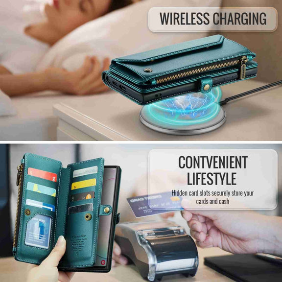 For Samsung Galaxy Note10+ CaseMe C36 Card Slots Zipper Wallet RFID Anti-theft Leather Phone Case(Blue-green)