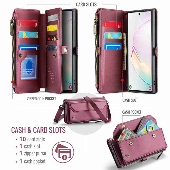 For Samsung Galaxy Note10+ CaseMe C36 Card Slots Zipper Wallet RFID Anti-theft Leather Phone Case(Wine Red)