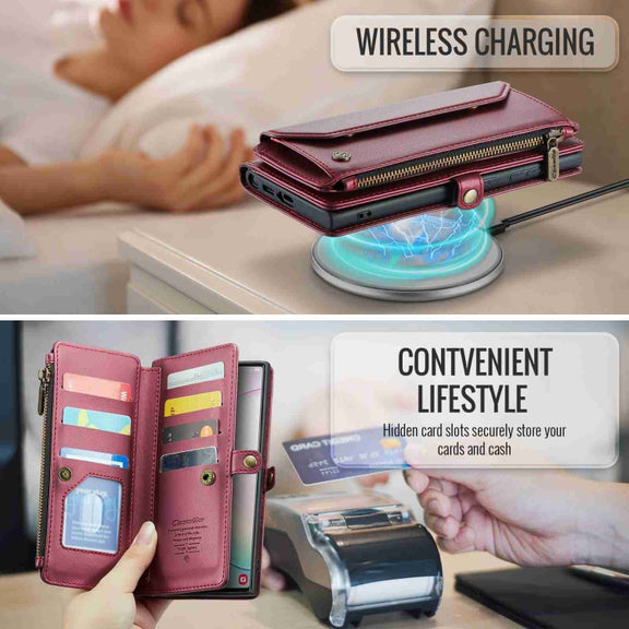 For Samsung Galaxy Note10+ CaseMe C36 Card Slots Zipper Wallet RFID Anti-theft Leather Phone Case(Wine Red)