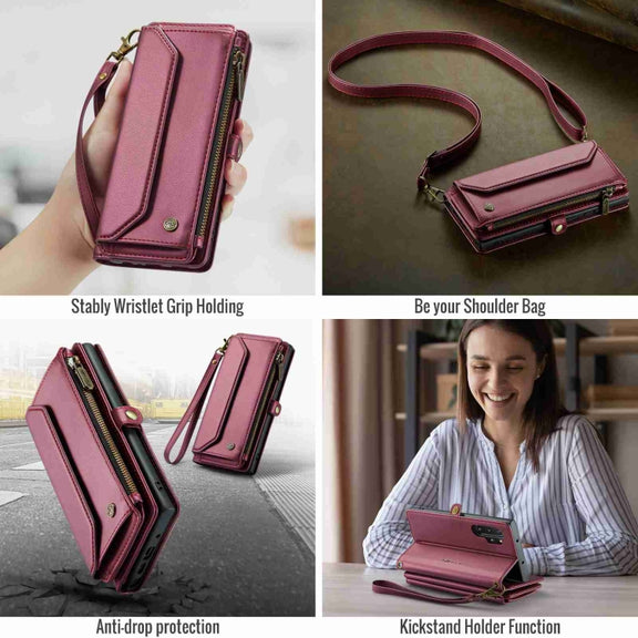 For Samsung Galaxy Note10+ CaseMe C36 Card Slots Zipper Wallet RFID Anti-theft Leather Phone Case(Wine Red)