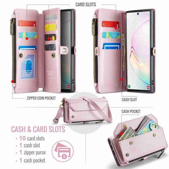 For Samsung Galaxy Note10+ CaseMe C36 Card Slots Zipper Wallet RFID Anti-theft Leather Phone Case(Pink)