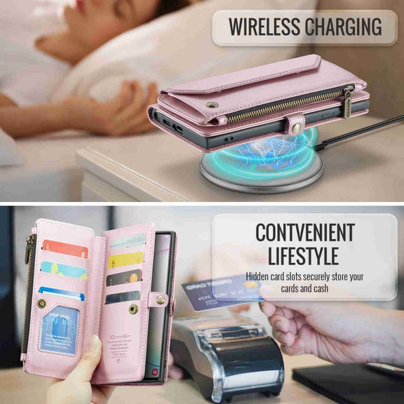 For Samsung Galaxy Note10+ CaseMe C36 Card Slots Zipper Wallet RFID Anti-theft Leather Phone Case(Pink)