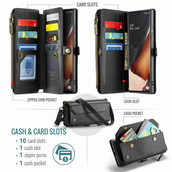 For Samsung Galaxy Note20 Ultra CaseMe C36 Card Slots Zipper Wallet RFID Anti-theft Leather Phone Case(Black)