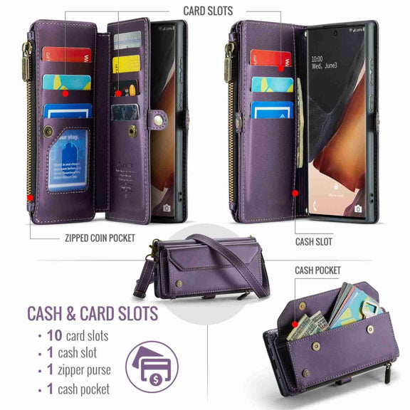 For Samsung Galaxy Note20 Ultra CaseMe C36 Card Slots Zipper Wallet RFID Anti-theft Leather Phone Case(Purple)