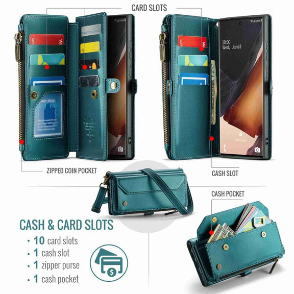 For Samsung Galaxy Note20 Ultra CaseMe C36 Card Slots Zipper Wallet RFID Anti-theft Leather Phone Case(Blue-green)