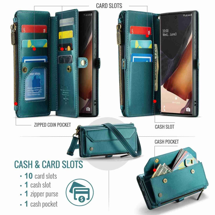 For Samsung Galaxy Note20 Ultra CaseMe C36 Card Slots Zipper Wallet RFID Anti-theft Leather Phone Case(Blue-green)