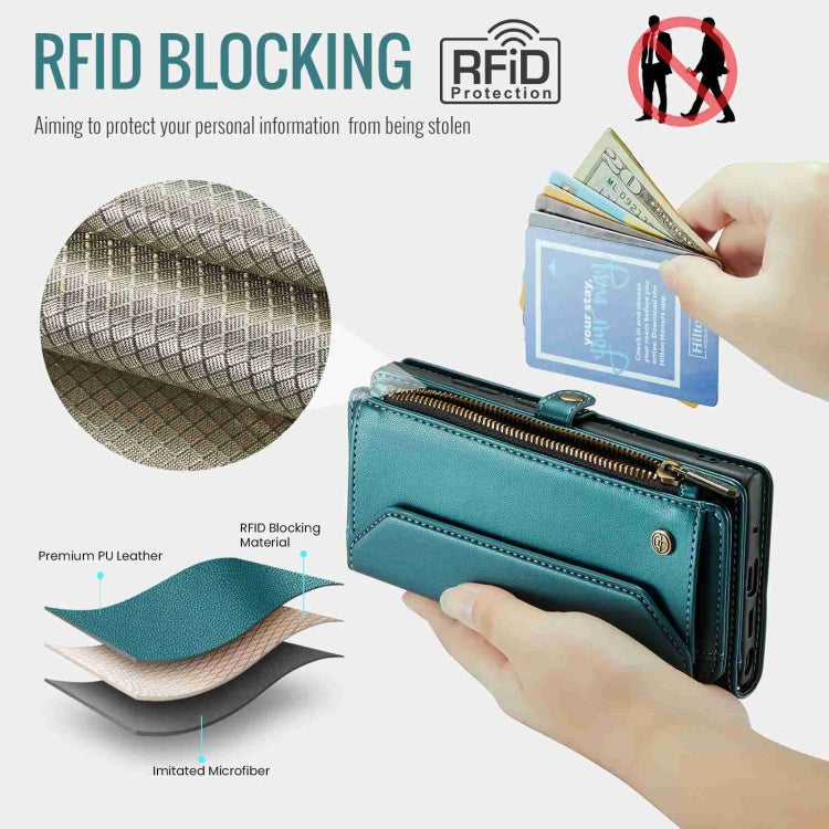 For Samsung Galaxy Note20 Ultra CaseMe C36 Card Slots Zipper Wallet RFID Anti-theft Leather Phone Case(Blue-green)