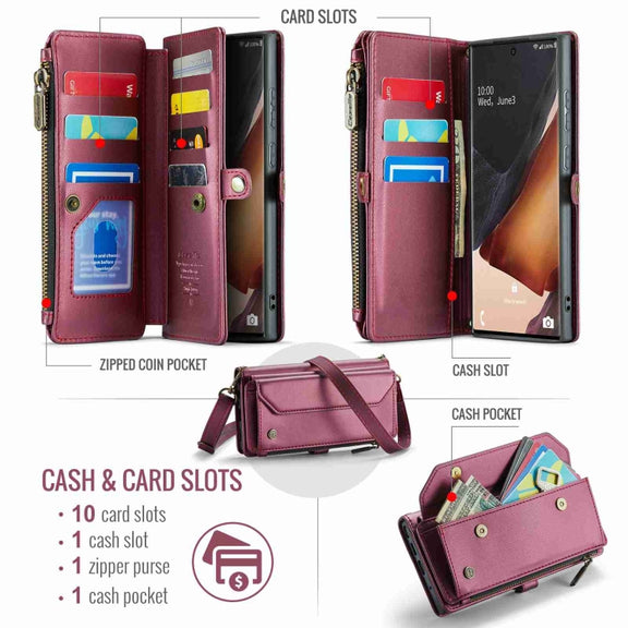 For Samsung Galaxy Note20 Ultra CaseMe C36 Card Slots Zipper Wallet RFID Anti-theft Leather Phone Case(Wine Red)
