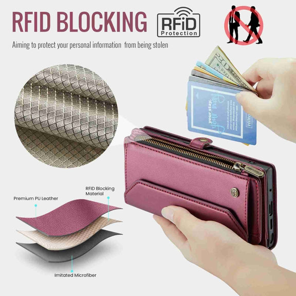 For Samsung Galaxy Note20 Ultra CaseMe C36 Card Slots Zipper Wallet RFID Anti-theft Leather Phone Case(Wine Red)