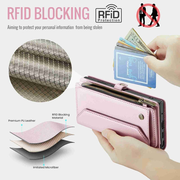 For Samsung Galaxy Note20 Ultra CaseMe C36 Card Slots Zipper Wallet RFID Anti-theft Leather Phone Case(Pink)
