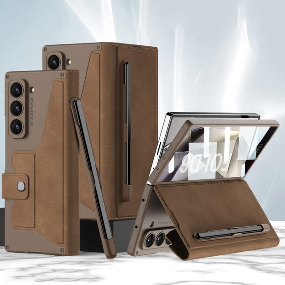 For Samsung Galaxy Z Fold6 GKK Integrated Armor Flip Leather Case with Pen Slot, Stylus Not Included(Brown)