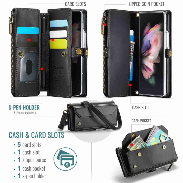For Samsung Galaxy Z Fold3 CaseMe C36 Card Slots Zipper Wallet RFID Anti-theft Leather Phone Case(Black)