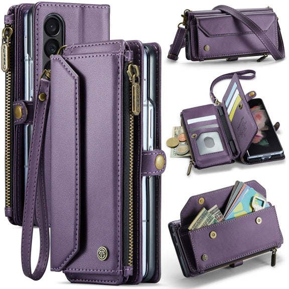 For Samsung Galaxy Z Fold3 CaseMe C36 Card Slots Zipper Wallet RFID Anti-theft Leather Phone Case(Purple)