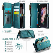 For Samsung Galaxy Z Fold3 CaseMe C36 Card Slots Zipper Wallet RFID Anti-theft Leather Phone Case(Blue-green)
