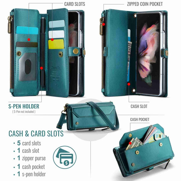 For Samsung Galaxy Z Fold3 CaseMe C36 Card Slots Zipper Wallet RFID Anti-theft Leather Phone Case(Blue-green)