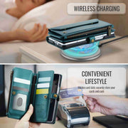For Samsung Galaxy Z Fold3 CaseMe C36 Card Slots Zipper Wallet RFID Anti-theft Leather Phone Case(Blue-green)