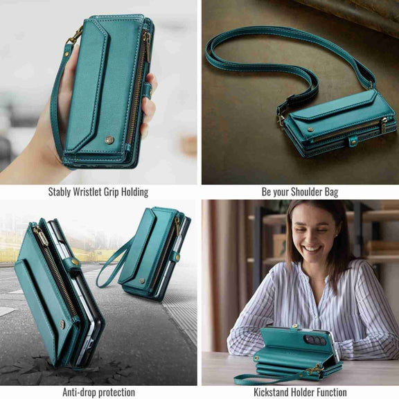 For Samsung Galaxy Z Fold3 CaseMe C36 Card Slots Zipper Wallet RFID Anti-theft Leather Phone Case(Blue-green)
