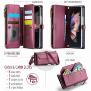 For Samsung Galaxy Z Fold3 CaseMe C36 Card Slots Zipper Wallet RFID Anti-theft Leather Phone Case(Wine Red)