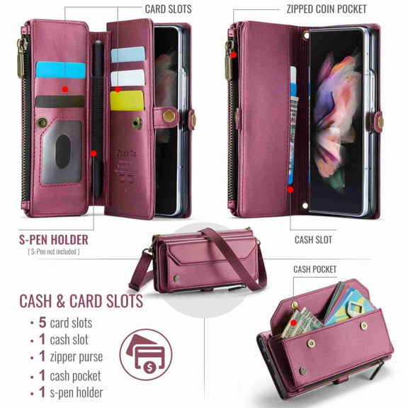 For Samsung Galaxy Z Fold3 CaseMe C36 Card Slots Zipper Wallet RFID Anti-theft Leather Phone Case(Wine Red)