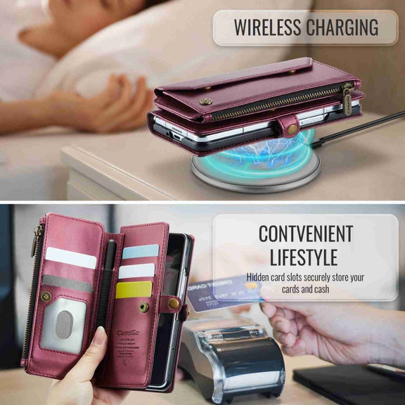 For Samsung Galaxy Z Fold3 CaseMe C36 Card Slots Zipper Wallet RFID Anti-theft Leather Phone Case(Wine Red)