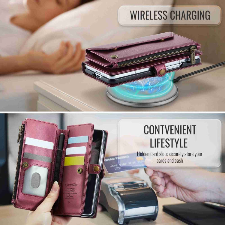 For Samsung Galaxy Z Fold3 CaseMe C36 Card Slots Zipper Wallet RFID Anti-theft Leather Phone Case(Wine Red)