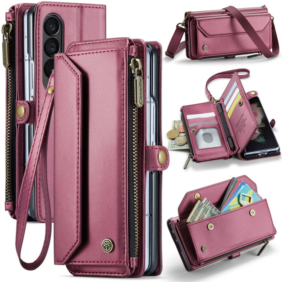 For Samsung Galaxy Z Fold3 CaseMe C36 Card Slots Zipper Wallet RFID Anti-theft Leather Phone Case(Wine Red)