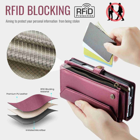 For Samsung Galaxy Z Fold3 CaseMe C36 Card Slots Zipper Wallet RFID Anti-theft Leather Phone Case(Wine Red)
