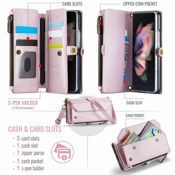 For Samsung Galaxy Z Fold3 CaseMe C36 Card Slots Zipper Wallet RFID Anti-theft Leather Phone Case(Pink)