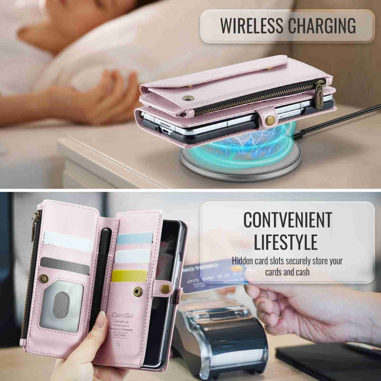 For Samsung Galaxy Z Fold3 CaseMe C36 Card Slots Zipper Wallet RFID Anti-theft Leather Phone Case(Pink)