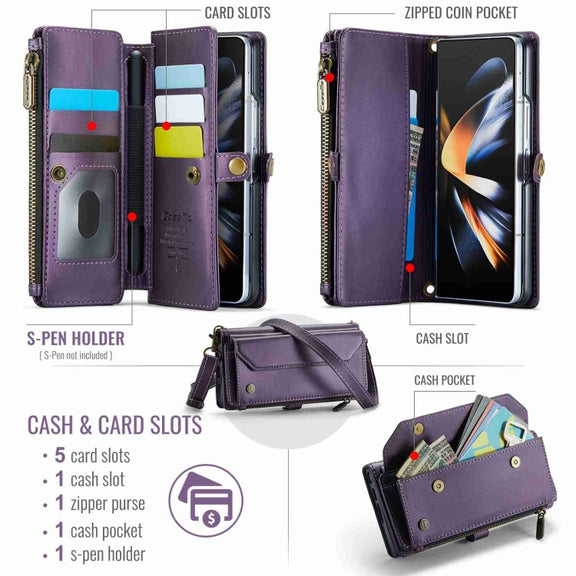 For Samsung Galaxy Z Fold4 CaseMe C36 Card Slots Zipper Wallet RFID Anti-theft Leather Phone Case(Purple)