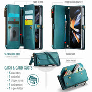 For Samsung Galaxy Z Fold4 CaseMe C36 Card Slots Zipper Wallet RFID Anti-theft Leather Phone Case(Blue-green)