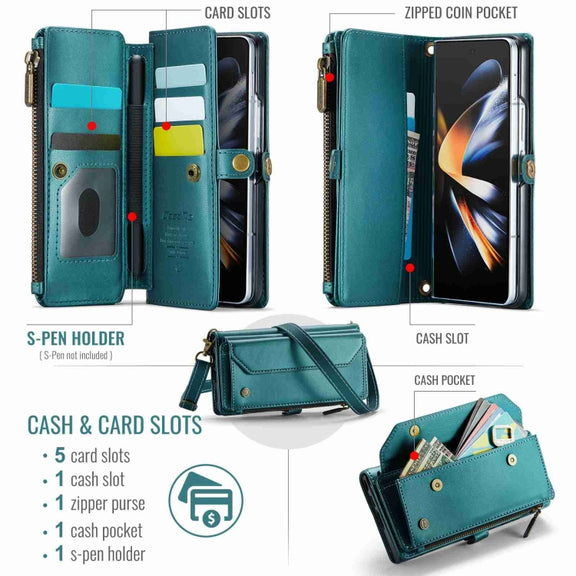 For Samsung Galaxy Z Fold4 CaseMe C36 Card Slots Zipper Wallet RFID Anti-theft Leather Phone Case(Blue-green)