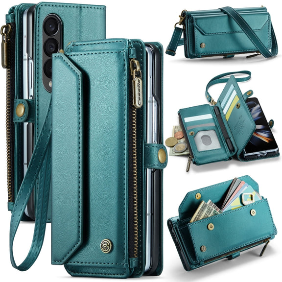 For Samsung Galaxy Z Fold4 CaseMe C36 Card Slots Zipper Wallet RFID Anti-theft Leather Phone Case(Blue-green)