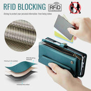 For Samsung Galaxy Z Fold4 CaseMe C36 Card Slots Zipper Wallet RFID Anti-theft Leather Phone Case(Blue-green)