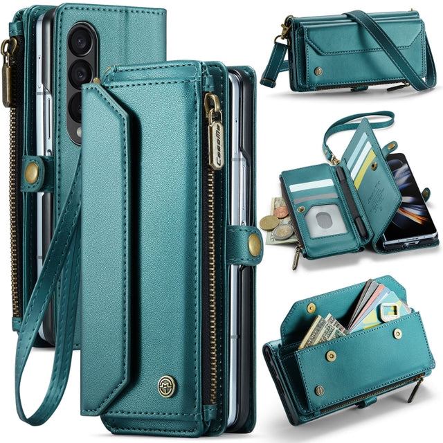 For Samsung Galaxy Z Fold4 CaseMe C36 Card Slots Zipper Wallet RFID Anti-theft Leather Phone Case(Blue-green)