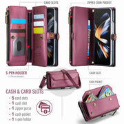 For Samsung Galaxy Z Fold4 CaseMe C36 Card Slots Zipper Wallet RFID Anti-theft Leather Phone Case(Wine Red)