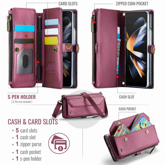 For Samsung Galaxy Z Fold4 CaseMe C36 Card Slots Zipper Wallet RFID Anti-theft Leather Phone Case(Wine Red)