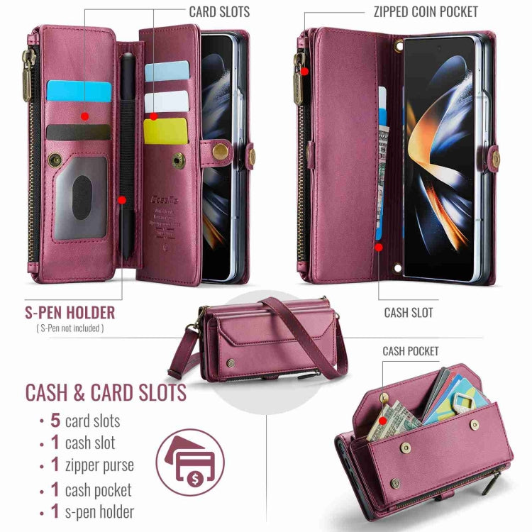 For Samsung Galaxy Z Fold4 CaseMe C36 Card Slots Zipper Wallet RFID Anti-theft Leather Phone Case(Wine Red)