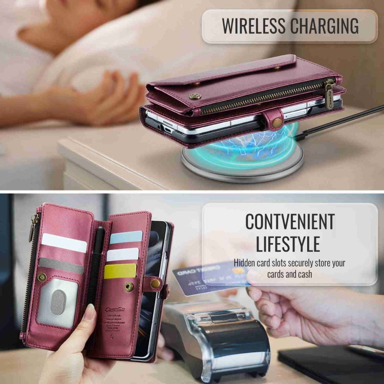 For Samsung Galaxy Z Fold4 CaseMe C36 Card Slots Zipper Wallet RFID Anti-theft Leather Phone Case(Wine Red)