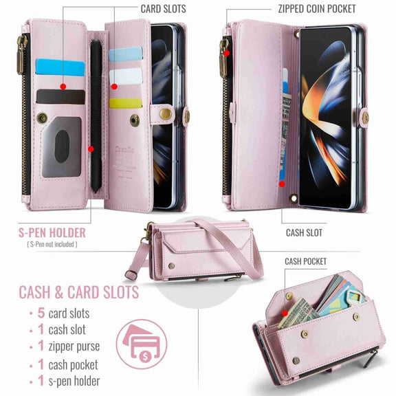 For Samsung Galaxy Z Fold4 CaseMe C36 Card Slots Zipper Wallet RFID Anti-theft Leather Phone Case(Pink)