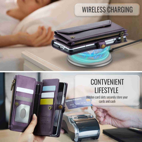 For Samsung Galaxy Z Fold5 CaseMe C36 Card Slots Zipper Wallet RFID Anti-theft Leather Phone Case(Purple)